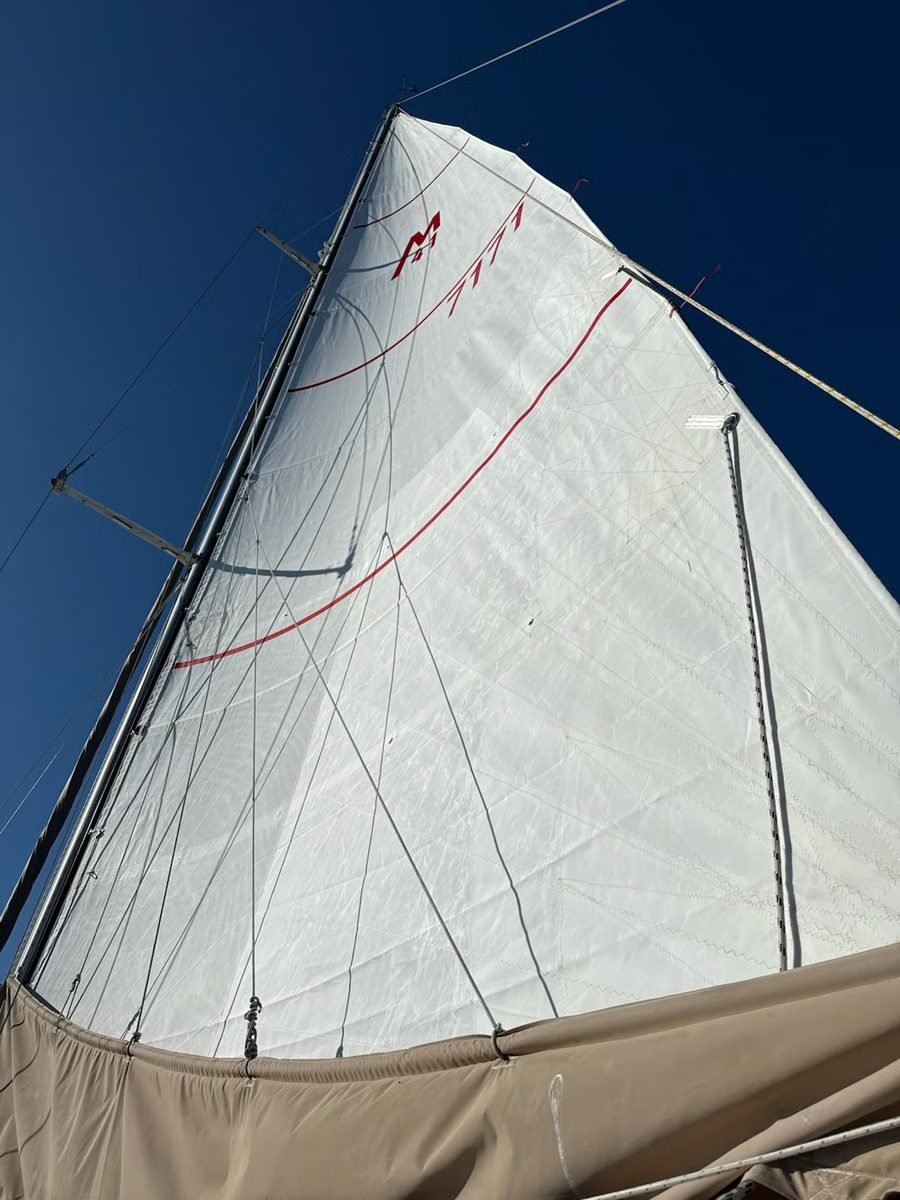Custom full-batten mainsail by Gleason Sailmakers on a Jeanneau 41 – full-length portrait view showing precision-cut battens and clean leech from head to foot